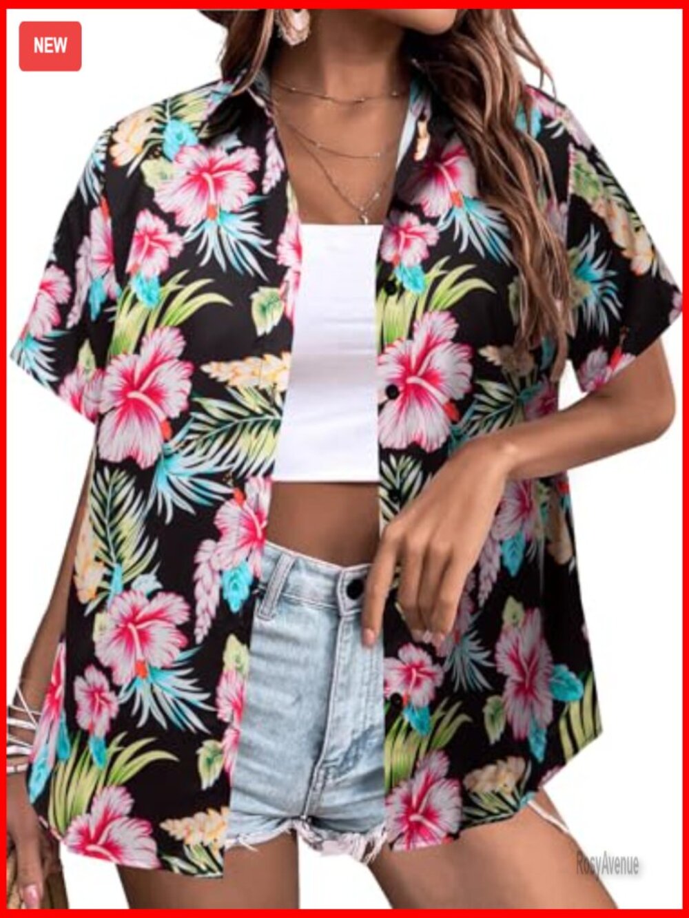 Women's Hawaiian Floral V-Neck Button Down T-Shirt Short Sleeve Summer Top - Picture 3 of 7